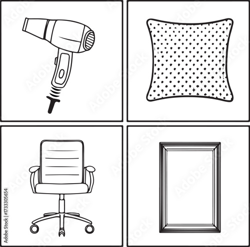 Household items and furniture in black and white