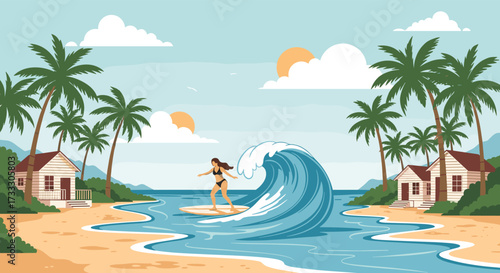 A surfer rides a big wave on a tropical beach with palm trees and small huts.