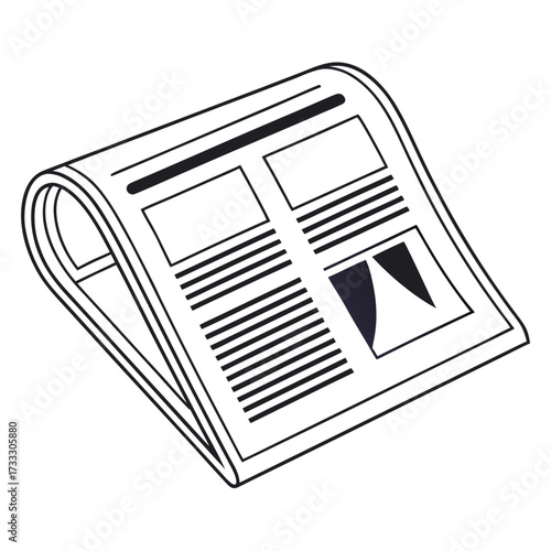 A simple black and white illustration of a folded newspaper with text and an image