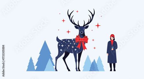 A giant deer adorned with a festive red bow stands tall next to a woman.