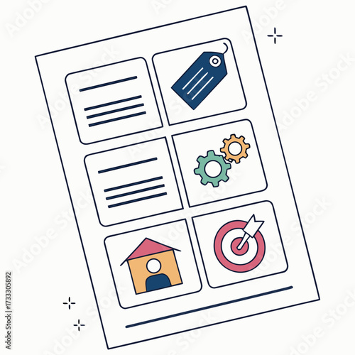 Business strategy presentation with icons for pricing operations housing and target goals