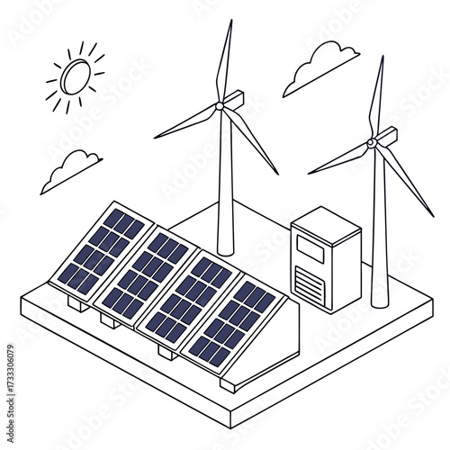 Isometric illustration of renewable energy sources including solar panels and wind turbines under a sunny sky