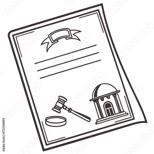 Legal document with gavel and courthouse illustration symbolizing justice and legal proceedings