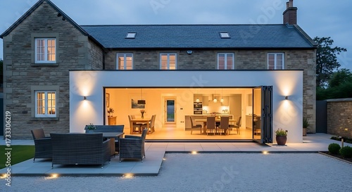 Modern Home Extension with Glass Walls on a Traditional Stone House at Dusk.