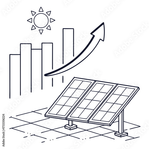Solar panel energy production shows positive growth trend with sun and rising graph