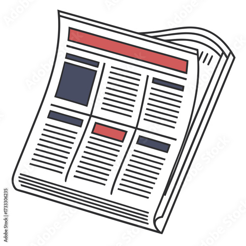 Stylized illustration of a folded newspaper with red and blue accents and text layout