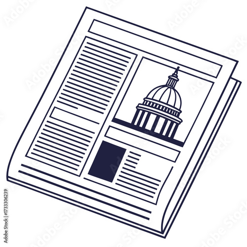 Stylized illustration of a folded newspaper featuring a prominent dome building image on its front page