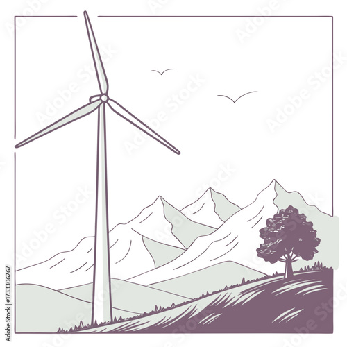 Stylized illustration of a wind turbine in a mountainous landscape with a tree and birds flying
