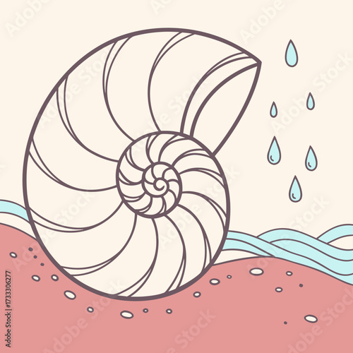 Stylized nautilus shell on a sandy beach with gentle waves and falling raindrops