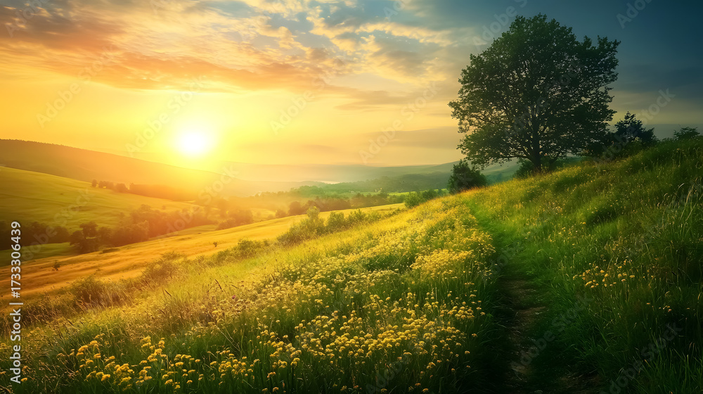 Obraz premium Golden sunrise bathes rolling hills and vibrant wildflower meadows in warm, inviting light, a path beckons towards serene natural beauty.