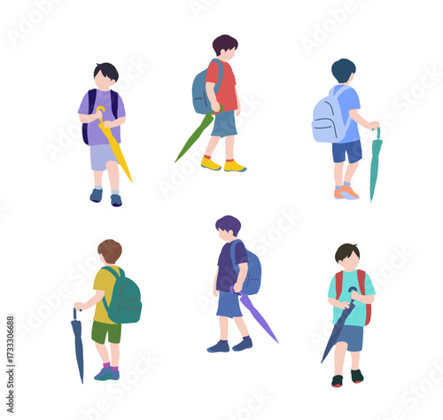 フラットイラスト　傘を持った少年　いろんな角度から