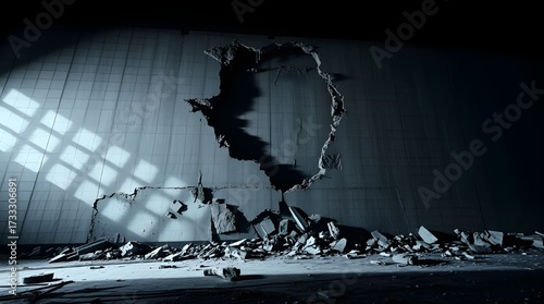 A large, jagged hole is torn in an industrial wall. Light streams through, casting shadows onto the floor.