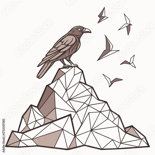 A lone raven perched atop a geometric mountain peak watches other birds fly away into the sky