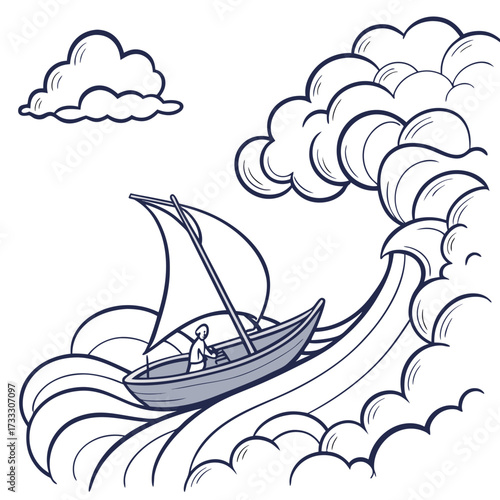 A lone sailor navigates a small sailboat through turbulent ocean waves and stormy clouds in a stylized illustration