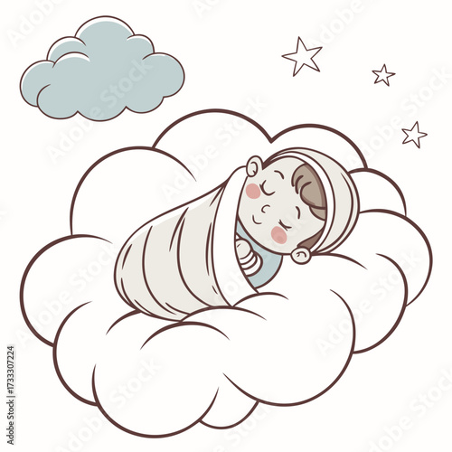 Adorable sleeping baby peacefully resting on a fluffy cloud surrounded by gentle stars and a soft blue cloud