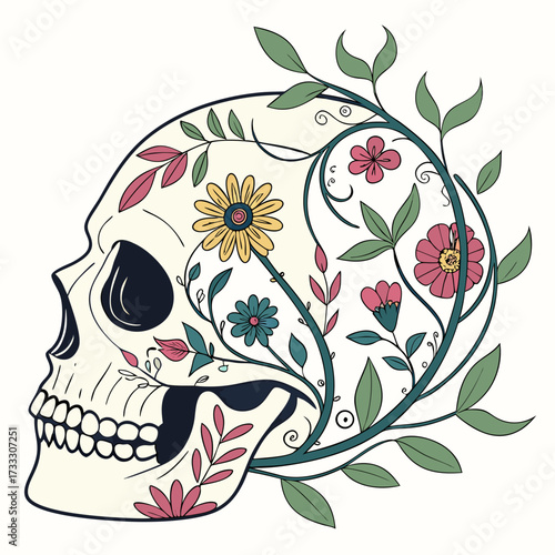 Artistic illustration of a human skull adorned with blooming flowers and green leaves creating a natural and elegant floral design