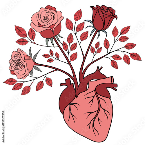 Artistic illustration of a human heart with branches growing roses and red leaves symbolizing love and life blooming from the organ