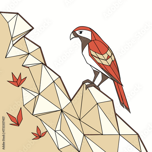Geometric red bird perched on abstract polygonal mountain peaks with stylized red leaves