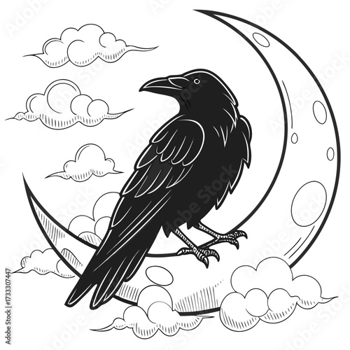 Mysterious black raven perched on a crescent moon surrounded by wispy clouds under a night sky