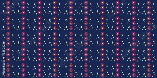 seamless christmas pattern, Seamless pattern featuring stylized flowers with pink petals and yellow centers against a dark blue background