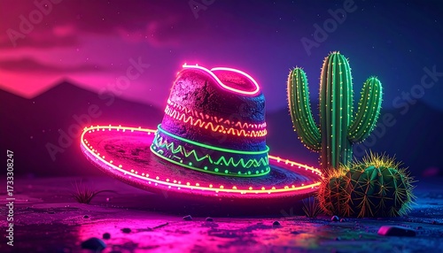 Neon sombrero, cactus, desert night