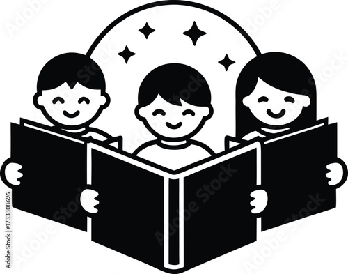 children reading books in magical library illustration on transparent background
