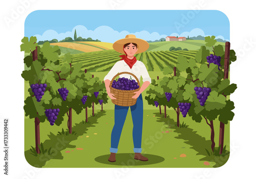 A female farmer or vintner holding a basket of purple grapes during the harvest in a scenic vineyard landscape.