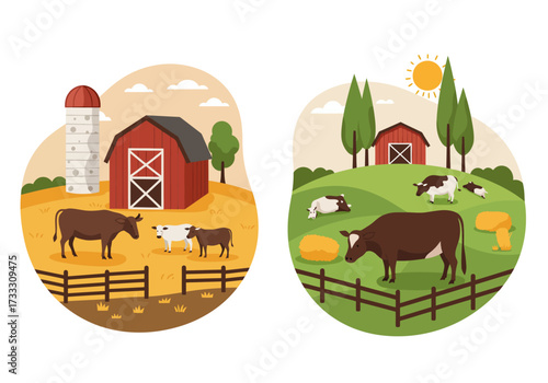 Two contrasting farm scenes, one dry and barren, the other lush and green, both featuring barns and cows.