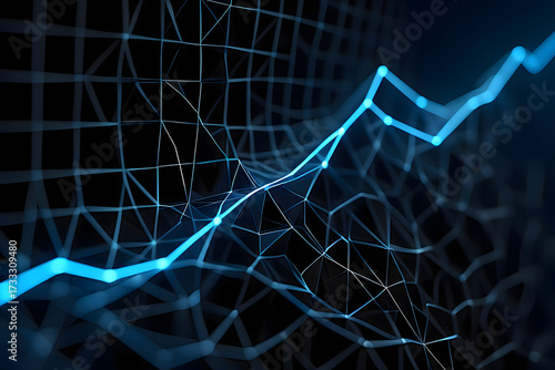 Abstract blue line graph with connected dots and wireframe grid on a dark background design