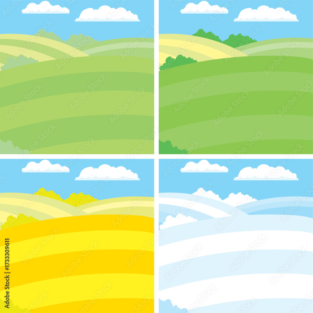 Obraz premium Nature field landscape in four seasons. Cartoon summer spring autumn winter scenes with green grassland meadow, blue snow hills, yellow wild fields, panorama scenery background 