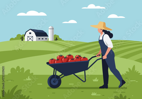 A farmer wearing a straw hat and overalls pushes a wheelbarrow full of ripe tomatoes across a green field with a barn and silo in the background.