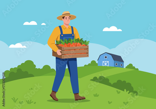 A farmer in overalls carries a wooden crate filled with freshly harvested carrots across a green field.