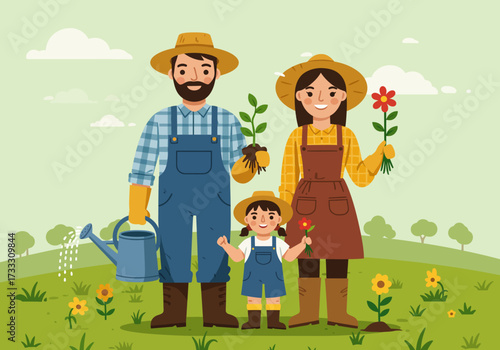A family of farmers happily tending to their garden, planting flowers and a seedling.