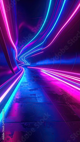 Neon Lit Tunnel with Wavy Lines and Reflections in Dark Background, Featuring Vibrant Pink and Blue Lights Guiding the Eye into the Horizon