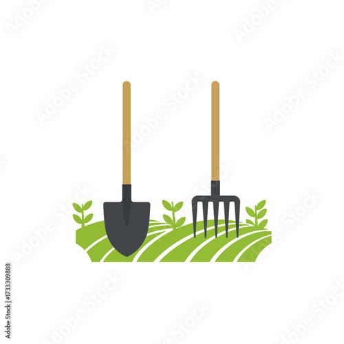 A shovel and a pitchfork stand on a green field with rows of crops, symbolizing agriculture and gardening.