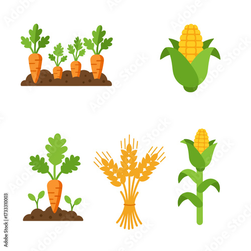 A set of six colorful flat icons showing agricultural crops: carrots in the ground, corn on the cob, a sheaf of wheat, and a corn stalk.