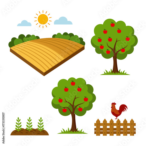 A vibrant illustration of a farm scene with an apple tree, a plowed field, seedlings, and a rooster on a fence under a sunny sky.