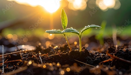 New Sprout Illuminated by Sunlight on Dark Soil with Bokeh Background Tiny Leaves Glowing in Golden Light with Water Droplets