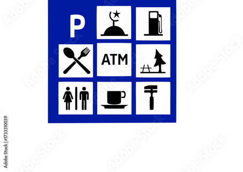 Public facilities icon set parking ATM restaurant gas station toilet in rest area Indonesia 