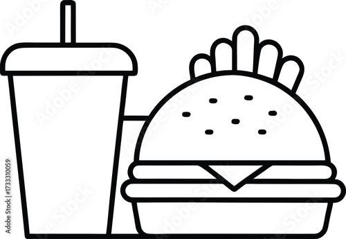 Icon of a burger and a drink with a straw, simple line art