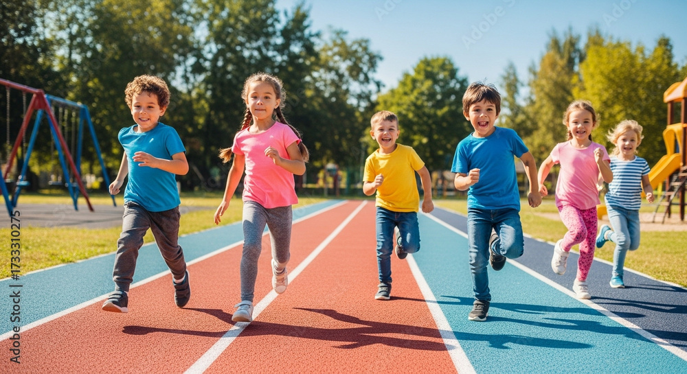 Obraz premium Enthusiastic kids happily racing on a vibrant track under a sunny sky, promoting fitness, teamwork, and the joy of outdoor activities for a healthy lifestyle