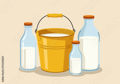 Illustration of milk in various containers, including bottles and a yellow bucket.