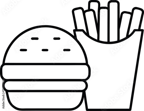 Simple Line Art Icon of a Hamburger and French Fries in a Container