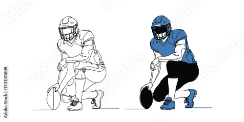 Minimal line art illustration of an American football player in protective gear holding the ball in a crouching position, symbolizing sports competition, strength, teamwork, and determination.