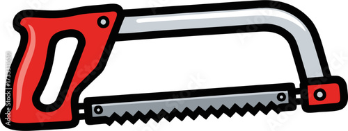 Cartoon Hand Saw with Red Handle and Silver Blade, Black Outline