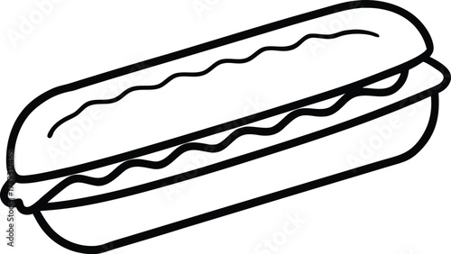 Simple Line Art Illustration of a Hot Dog in a Bun with Wavy Condiments