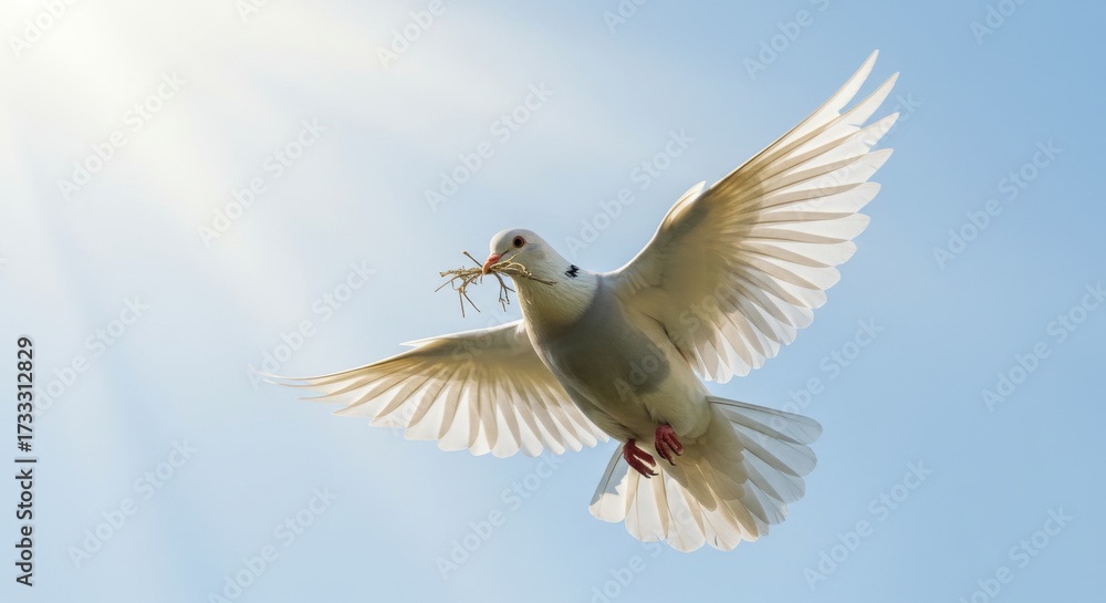 Fototapeta premium Dove in flight carrying twigs against blue sky