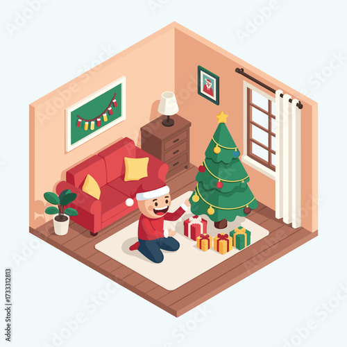 Isometric view of a man in santa hat near christmas tree with presents in cozy living room scene