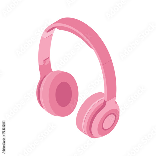 Isometric illustration of pink headphones with a white background in a simple style