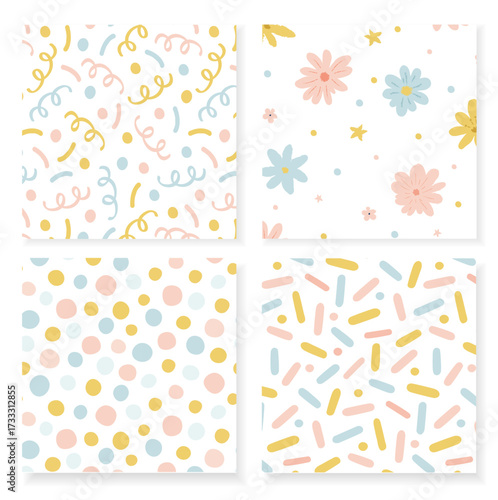 Set of four seamless children's patterns pastel pink yellow blue confetti florals stars dots on white background hand drawn vector illustration texture fabric wrapping paper wallpaper textile kid baby